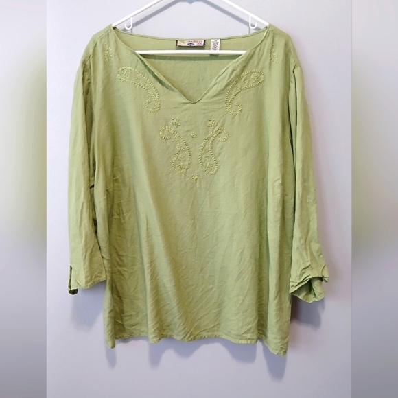 Caribbean Joe Linen Green Embroidered 3/4 Sleeve Tunic Women's Size 2X - Picture 1 of 7